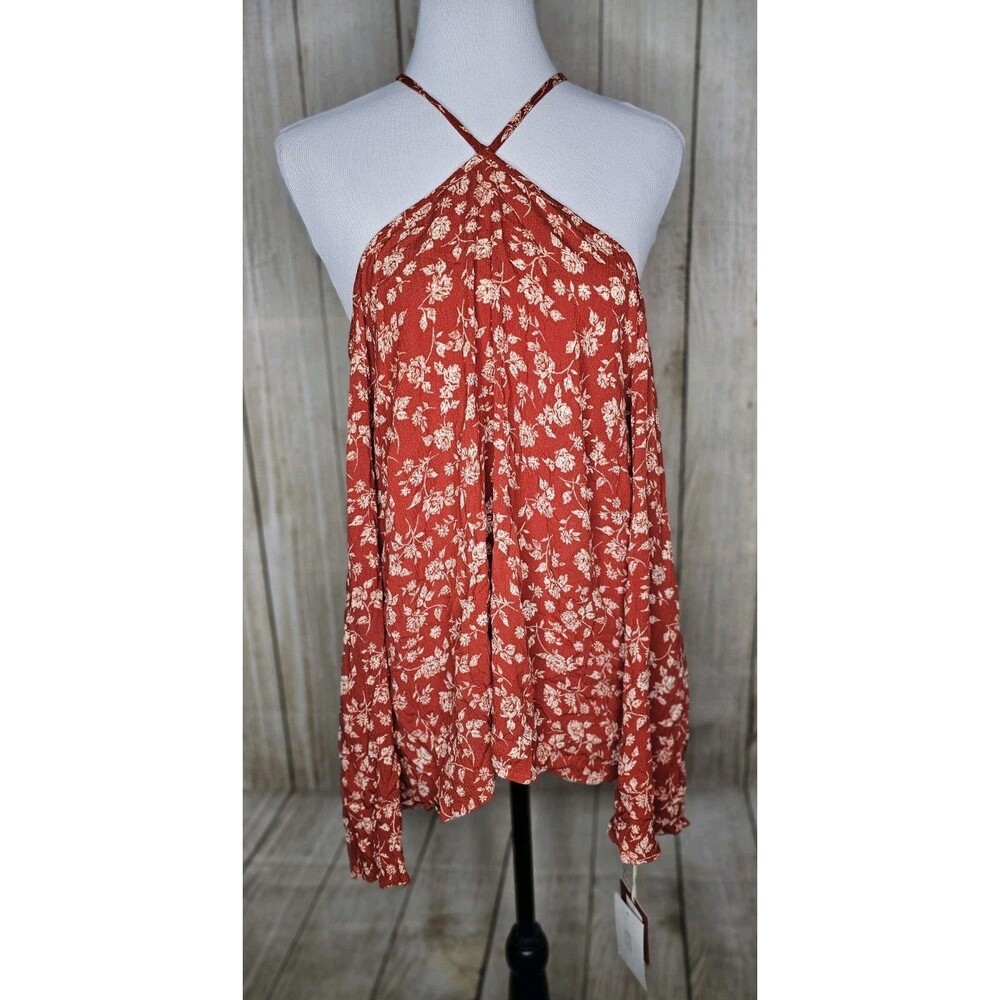 Mossimo Supply Womens Large Red Floral Cold Shoulder Halter Blouse NWT Rayon